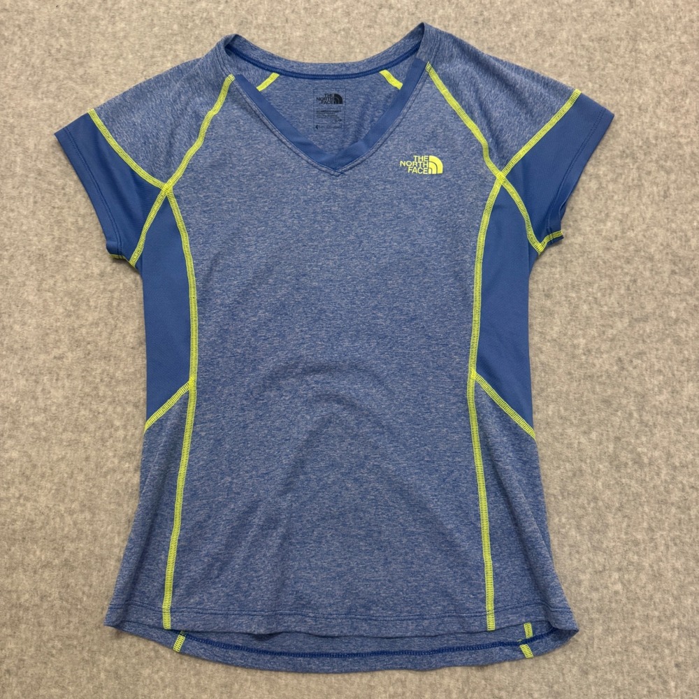 The North Face Womens FlashDry Blue Lime Green V-Neck Performance T-Shirt Small‎